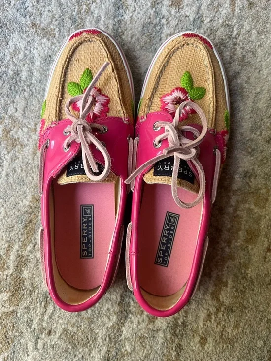 Sperry Hot Pink Floral Embroidered Canvas & Patent Boat Shoes - Picture 1 of 10